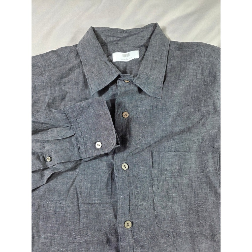 Uniqlo Button Up Linen Shirt Mens Large Gray Long Sleeve Front Pocket